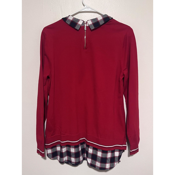 Tommy Hilfiger Layered Sweater Women’s Large Red Navy Shirttail Plaid Twofer - Picture 3 of 7